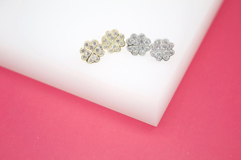 18K Gold Filled Four Leaf Clover Stud Earrings With Micro CZ Cubic Zirconia Stone (L104)