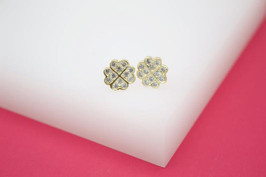 18K Gold Filled Four Leaf Clover Stud Earrings With Micro CZ Cubic Zirconia Stone (L104)