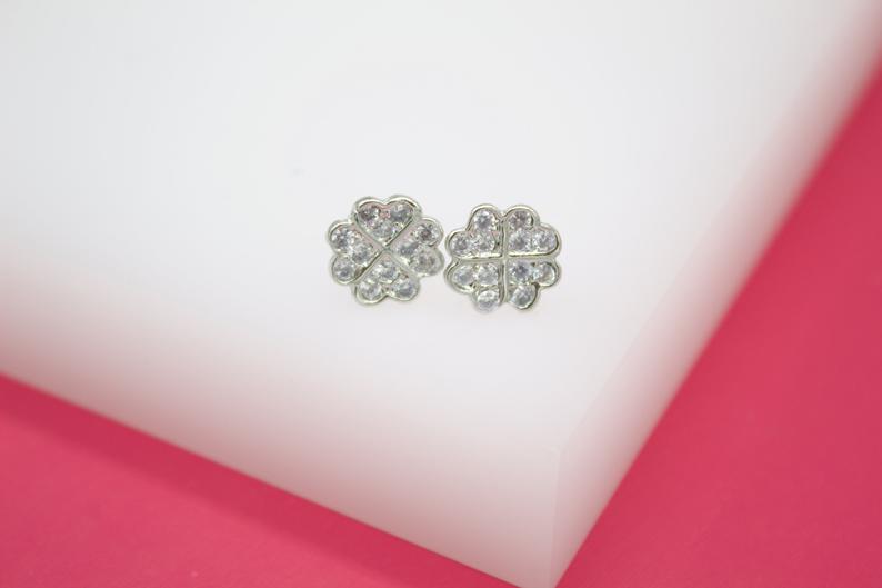 18K Gold Filled Four Leaf Clover Stud Earrings With Micro CZ Cubic Zirconia Stone (L104)